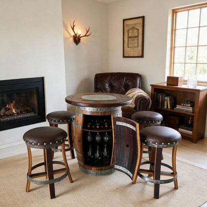 Multi-Use Whiskey & Wine Barrel Bar Set — Glass Top, Cabinet Storage Pub Set