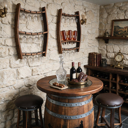 Whiskey & Wine Barrel Home Bar Set #2 — Bar Cabinet, Pub Table & Stools - Pub Set