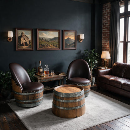 Whiskey & Wine Barrel Coffee Table Set — 2 Chairs Pub Set