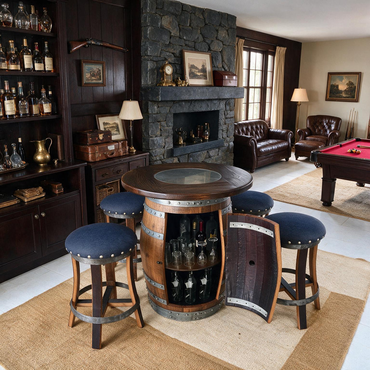 Whiskey & Wine Barrel Pub Set — Limited Colorways, Glass Top, Cabinet Storage - Pub Set