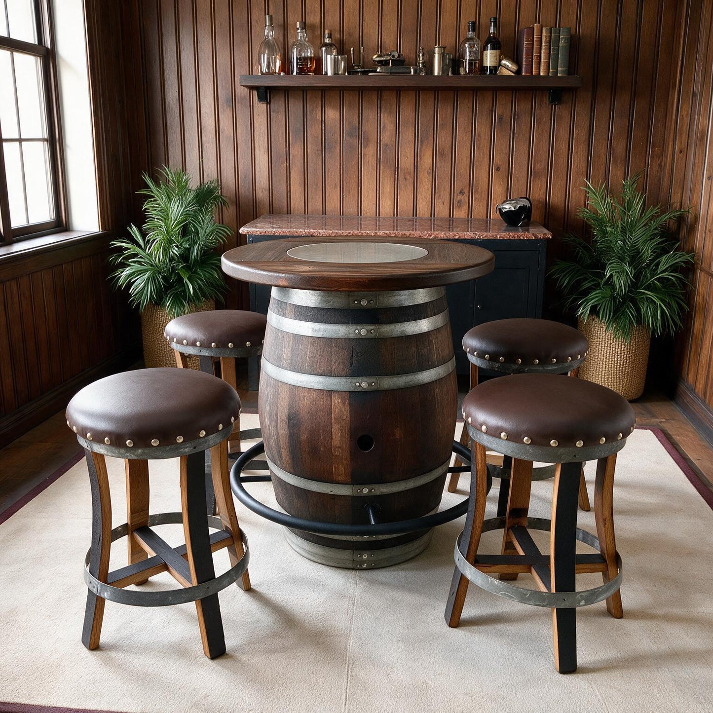 Whiskey & Wine Barrel Bistro Pub Set — Glass Top, Foot Rail - Pub Set