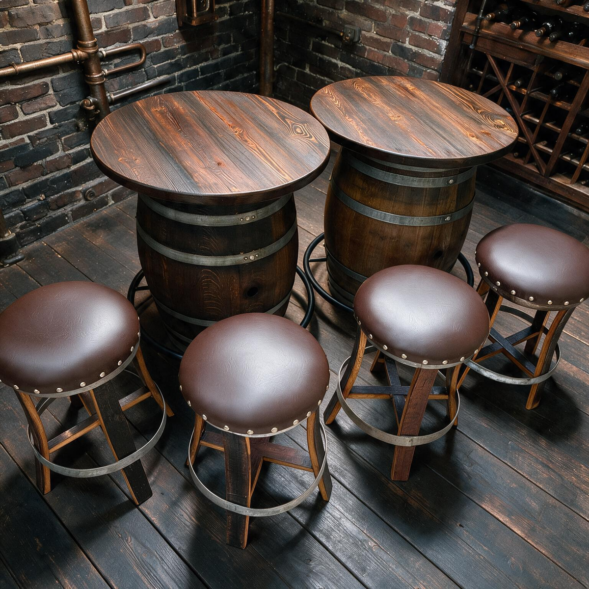Whiskey & Wine Barrel Double Liquor Cabinet — Door Storage Shelf, 0–8 Stools