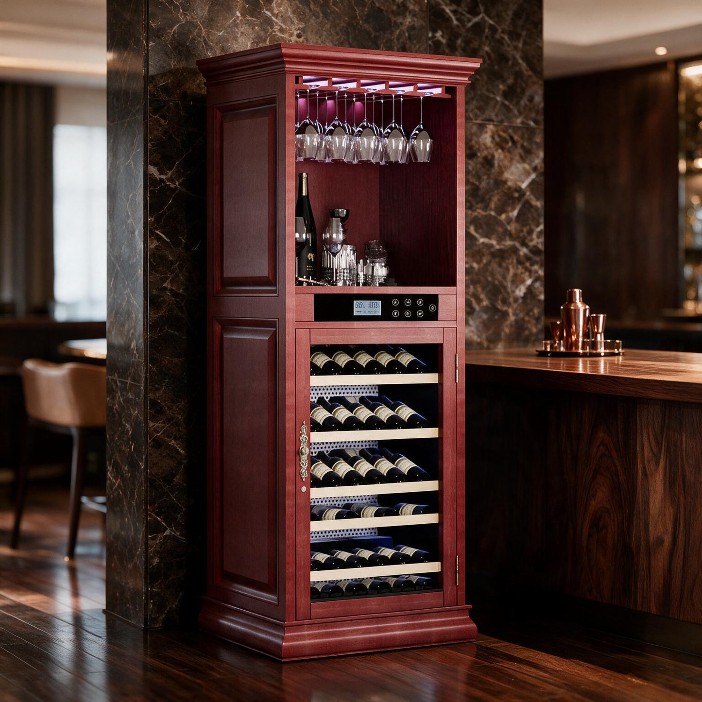 Nuvia 56-Bottle 7.5 Cu.Ft Single-Zone Multi-Tiered Wooden Wine Cooler Cabinet With Humidity And Temperature Controls (SAK73195)