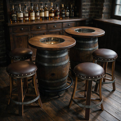 Whiskey & Wine Barrel Double Bar Set — Wood or Glass Top, 0–8 Stools Pub Set