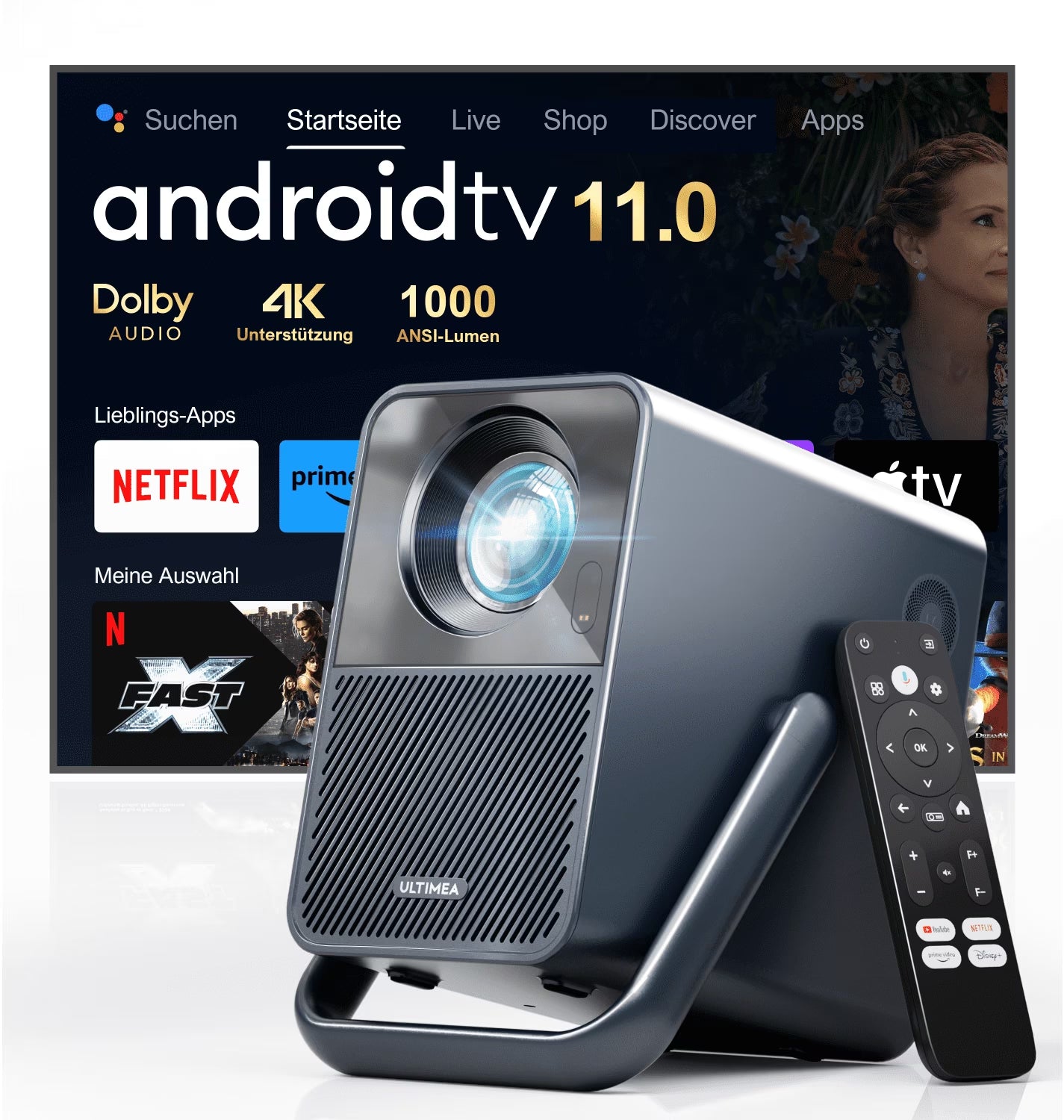 Projector 4K Supported Smart Projector with Android TV, Netflix Certified, 1000 ANSI Lumens Projector Native 1080P, Dolby Audio, Home Theater Outdoor Projector, Poseidon E40