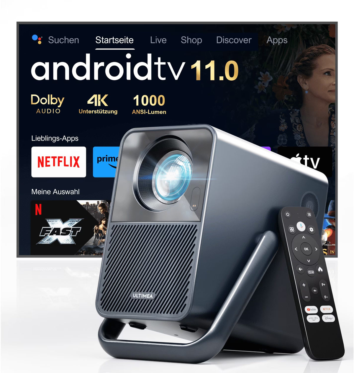 Projector 4K Supported Smart Projector with Android TV, Netflix Certified, 1000 ANSI Lumens Projector Native 1080P, Dolby Audio, Home Theater Outdoor Projector, Poseidon E40