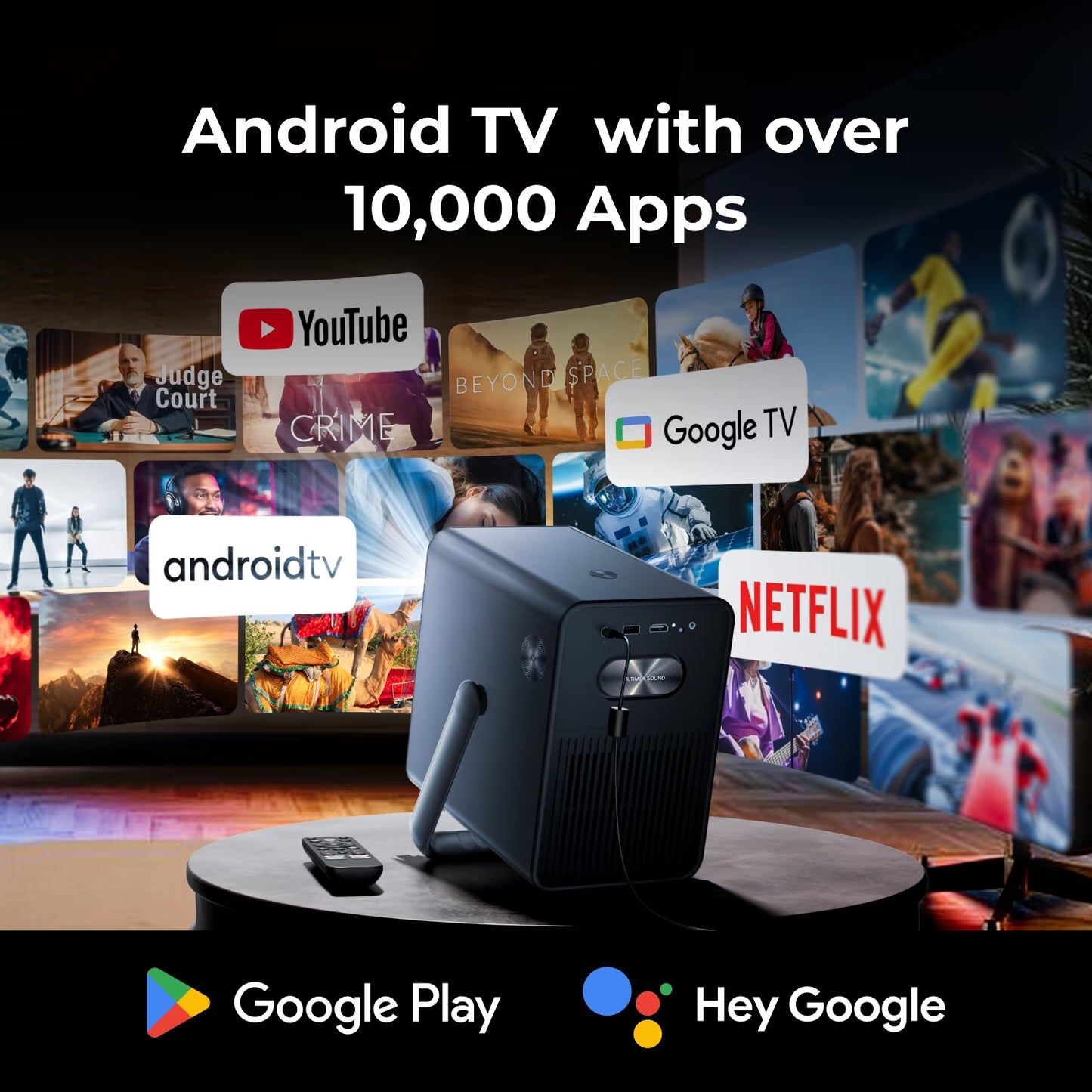 Projector 4K Supported Smart Projector with Android TV, Netflix Certified, 1000 ANSI Lumens Projector Native 1080P, Dolby Audio, Home Theater Outdoor Projector, Poseidon E40