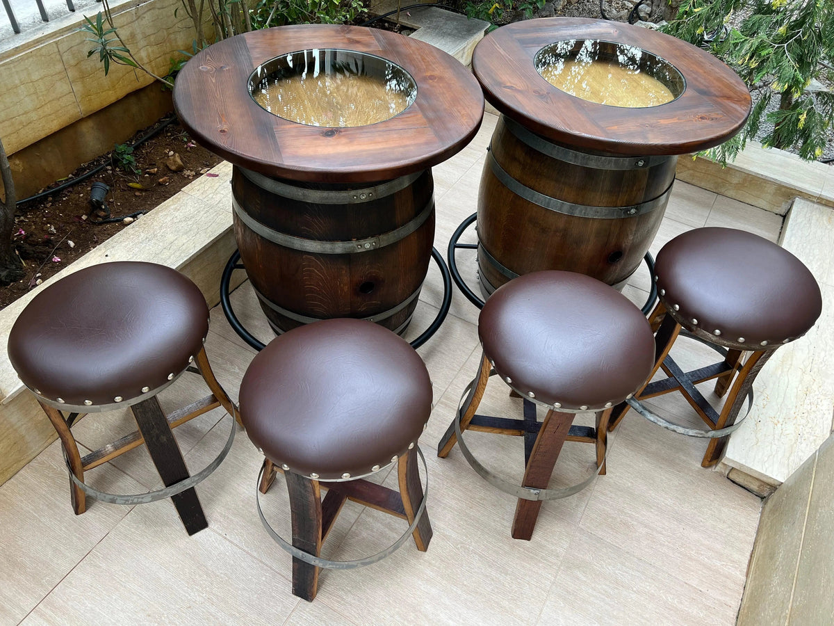 Whiskey & Wine Barrel Double Bar Set — Wood or Glass Top, 0–8 Stools Pub Set
