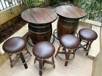 Whiskey & Wine Barrel Double Bar Set — Wood or Glass Top, 0–8 Stools Pub Set