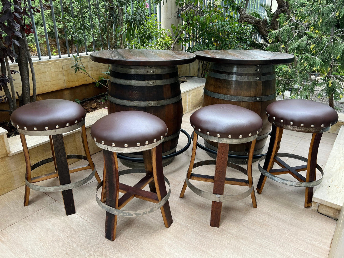 Whiskey & Wine Barrel Double Bar Set — Wood or Glass Top, 0–8 Stools Pub Set