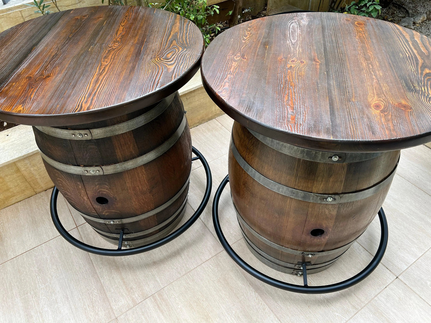Whiskey & Wine Barrel Double Bar Set — Wood or Glass Top, 0–8 Stools Pub Set