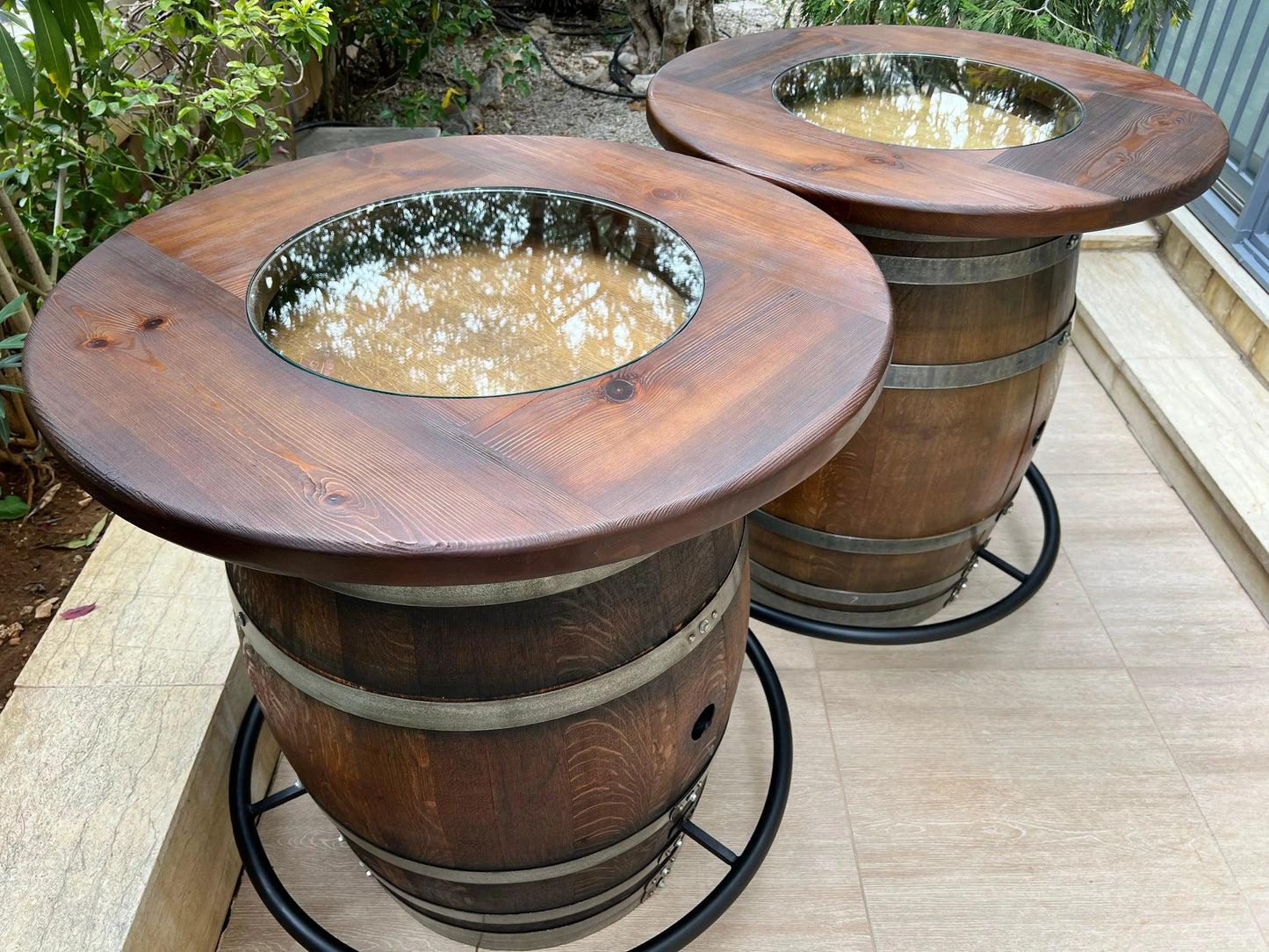 Whiskey & Wine Barrel Double Bar Set — Wood or Glass Top, 0–8 Stools Pub Set