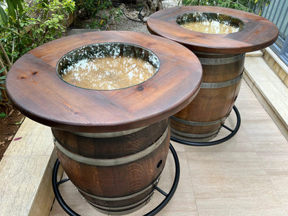 Whiskey & Wine Barrel Double Bar Set — Wood or Glass Top, 0–8 Stools Pub Set