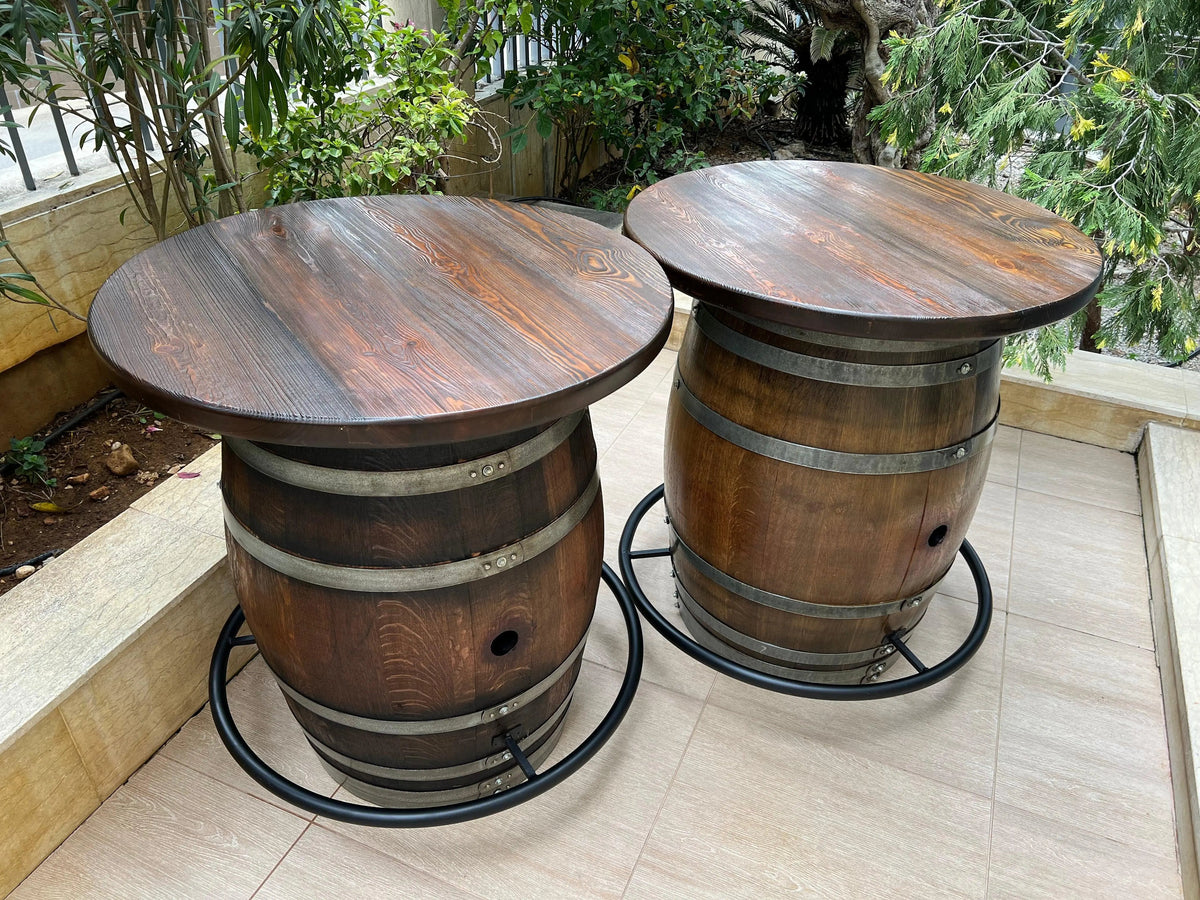 Whiskey & Wine Barrel Double Bar Set — Wood or Glass Top, 0–8 Stools Pub Set