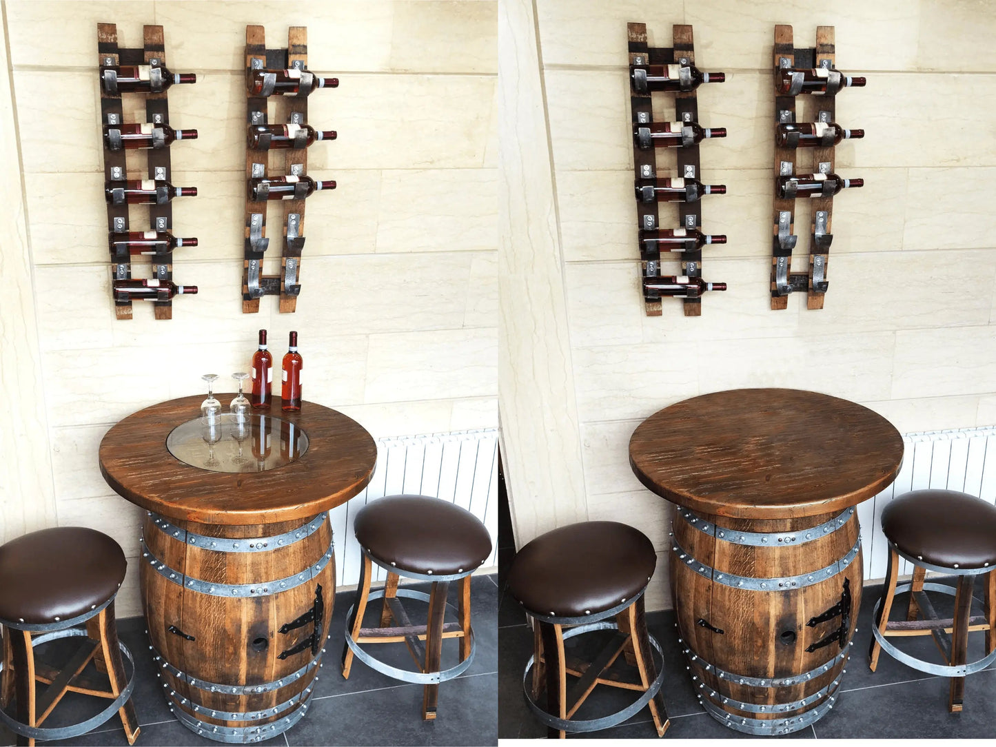 Whiskey & Wine Barrel Home Bar Set #1 — Bar Cabinet, Pub Table & Stools - Pub Set