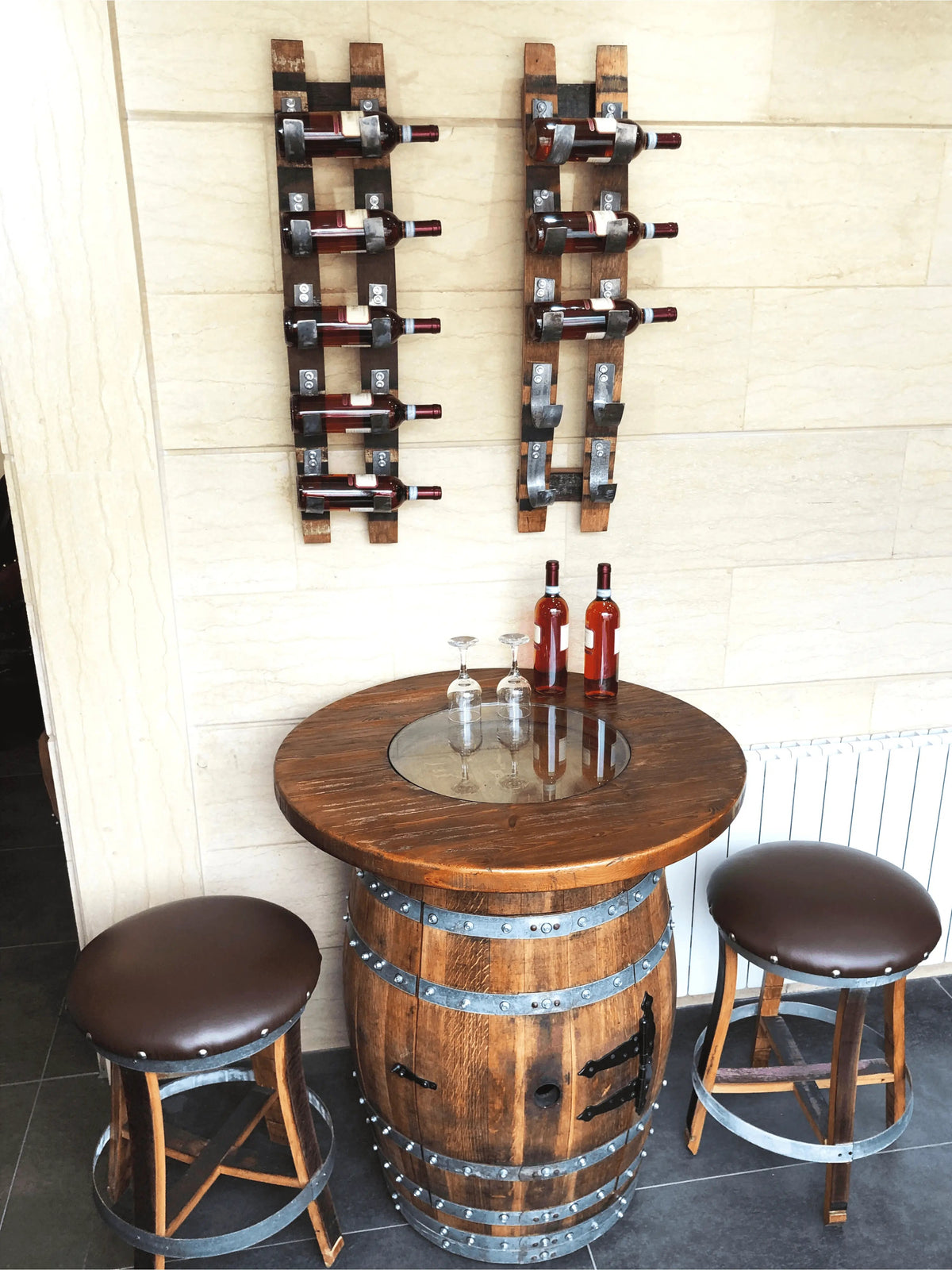 Whiskey & Wine Barrel Home Bar Set #1 — Bar Cabinet, Pub Table & Stools - Pub Set