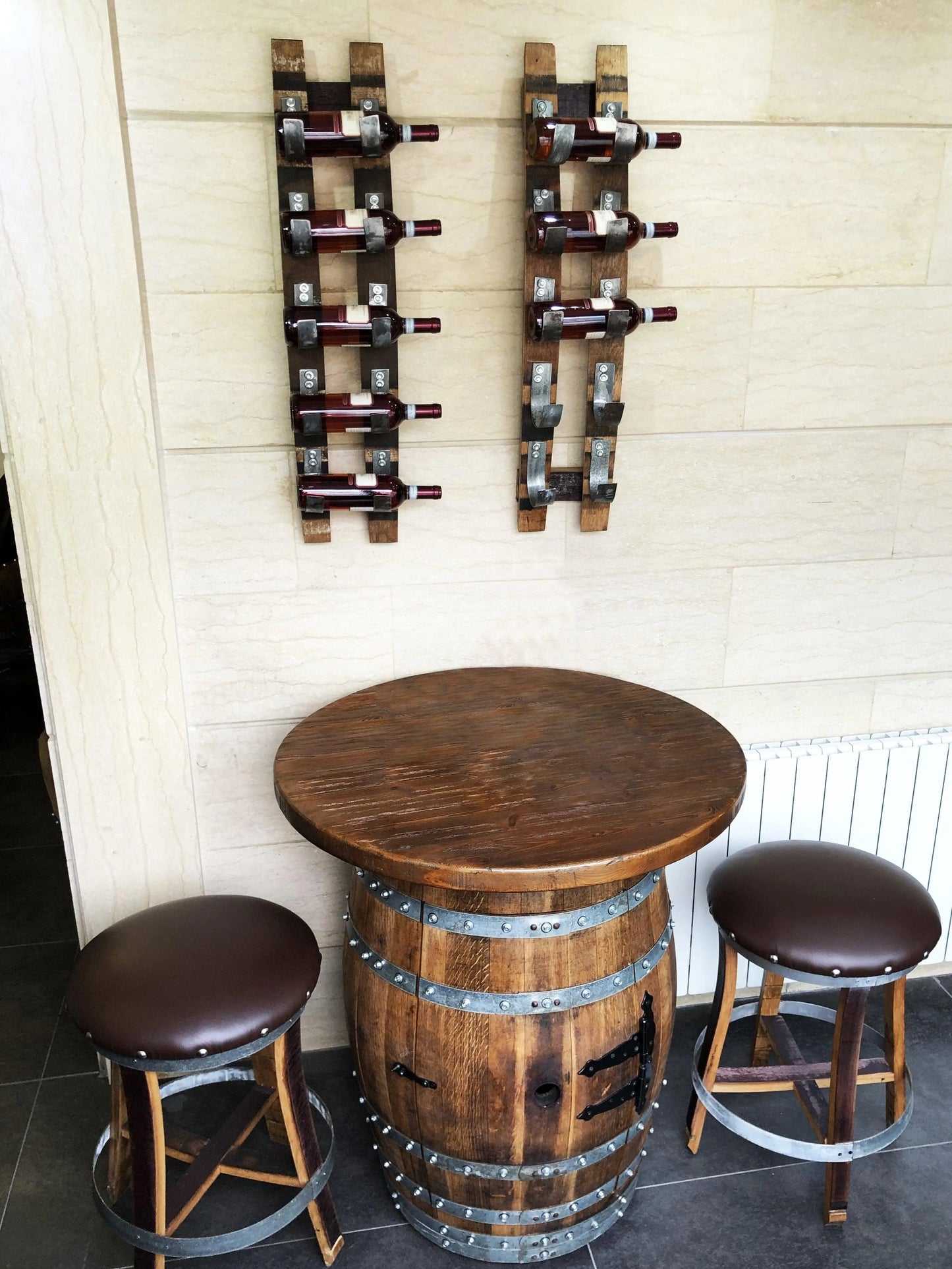 Whiskey & Wine Barrel Home Bar Set #1 — Bar Cabinet, Pub Table & Stools - Pub Set