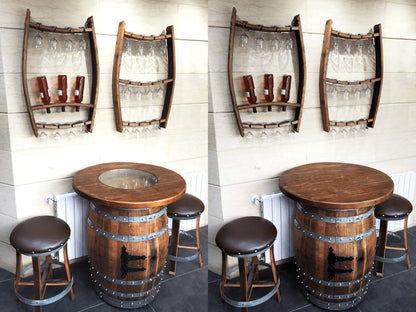 Whiskey & Wine Barrel Home Bar Set #2 — Bar Cabinet, Pub Table & Stools - Pub Set