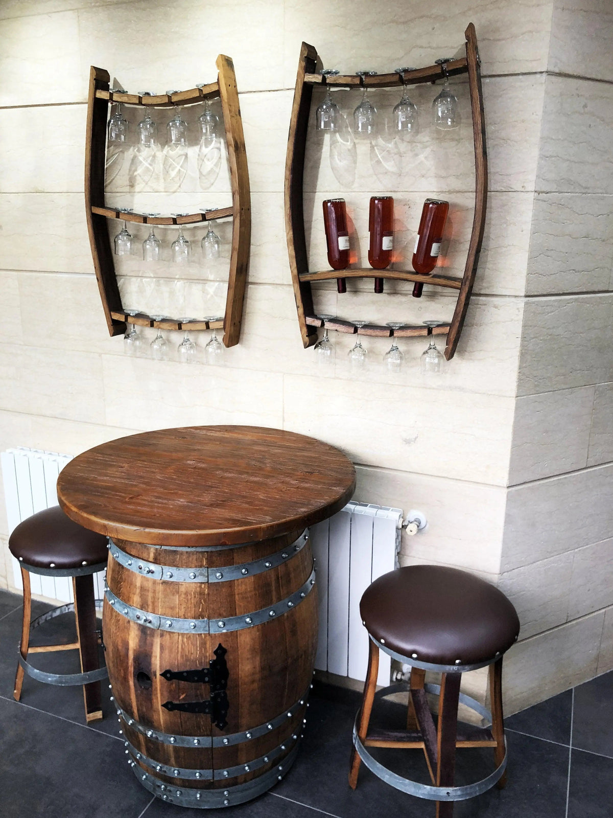 Whiskey & Wine Barrel Home Bar Set #2 — Bar Cabinet, Pub Table & Stools - Pub Set