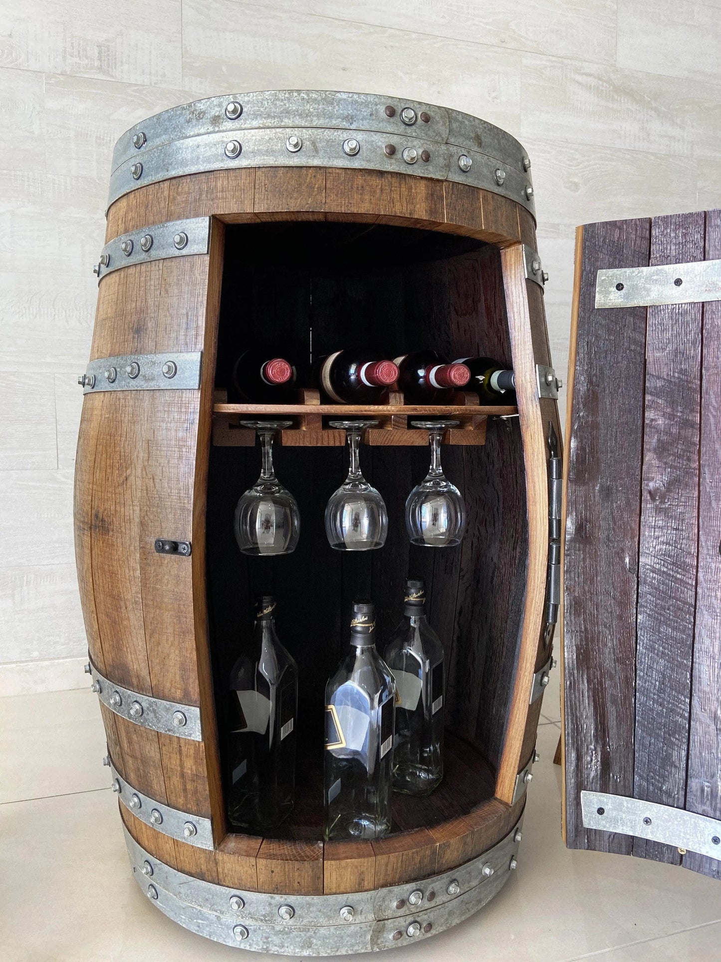 Whiskey & Wine Barrel Home Bar Set #2 — Bar Cabinet, Pub Table & Stools - Pub Set