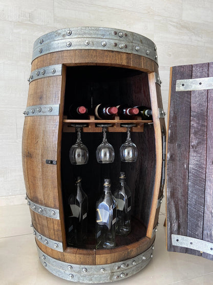 Whiskey & Wine Barrel Home Bar Set #2 — Bar Cabinet, Pub Table & Stools - Pub Set