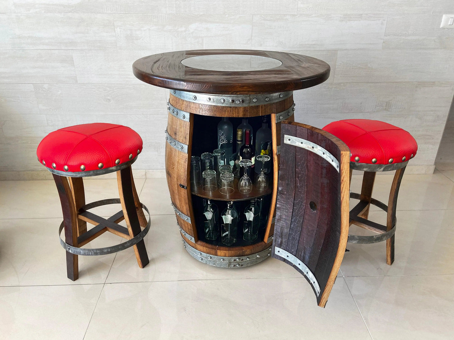 Whiskey & Wine Barrel Pub Set — Limited Colorways, Glass Top, Cabinet Storage - Pub Set