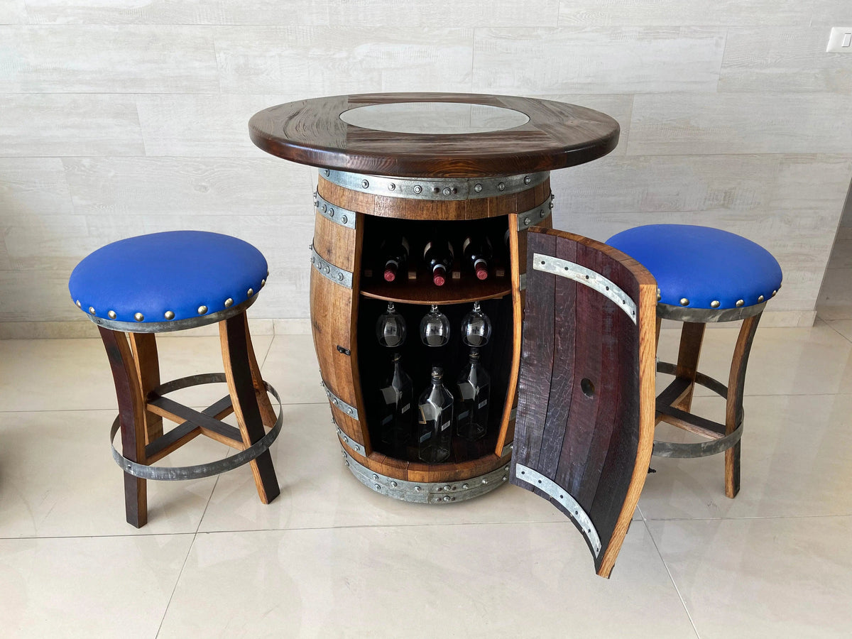Whiskey & Wine Barrel Pub Set — Limited Colorways, Glass Top, Cabinet Storage - Pub Set