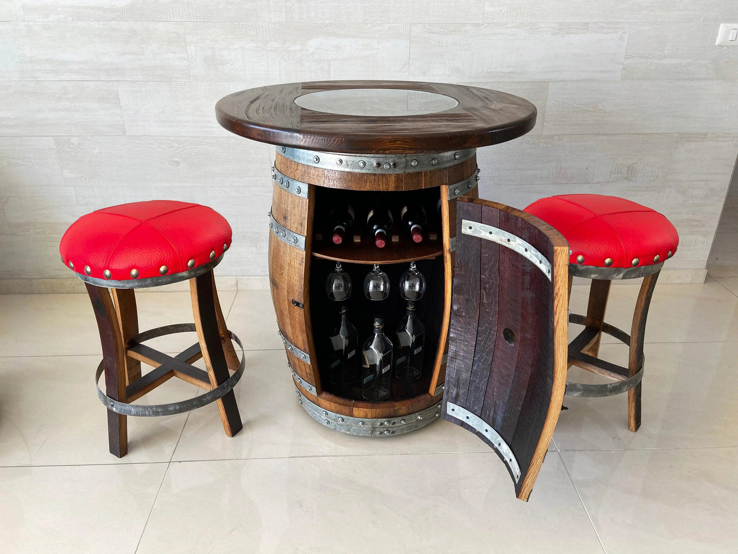 Whiskey & Wine Barrel Pub Set — Limited Colorways, Glass Top, Cabinet Storage - Pub Set
