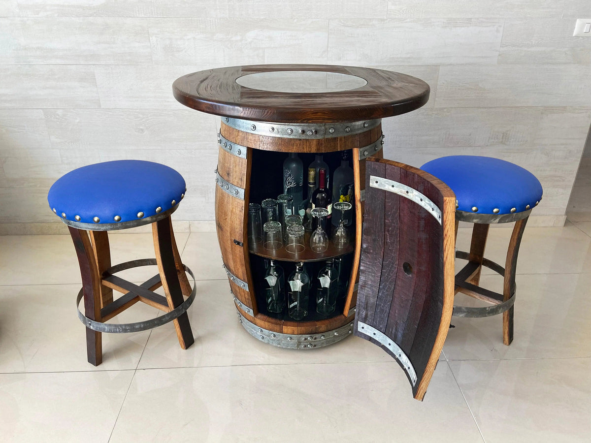 Whiskey & Wine Barrel Pub Set — Limited Colorways, Glass Top, Cabinet Storage - Pub Set