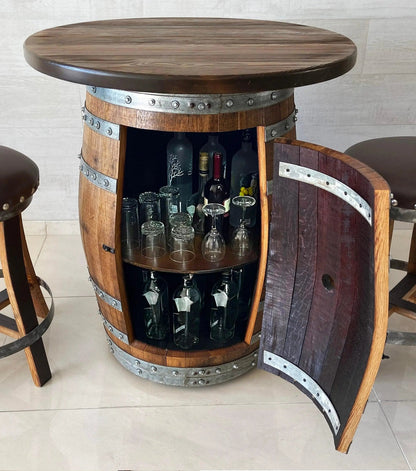 Multi-Use Whiskey & Wine Barrel Bar Set — Glass Top, Cabinet Storage Pub Set