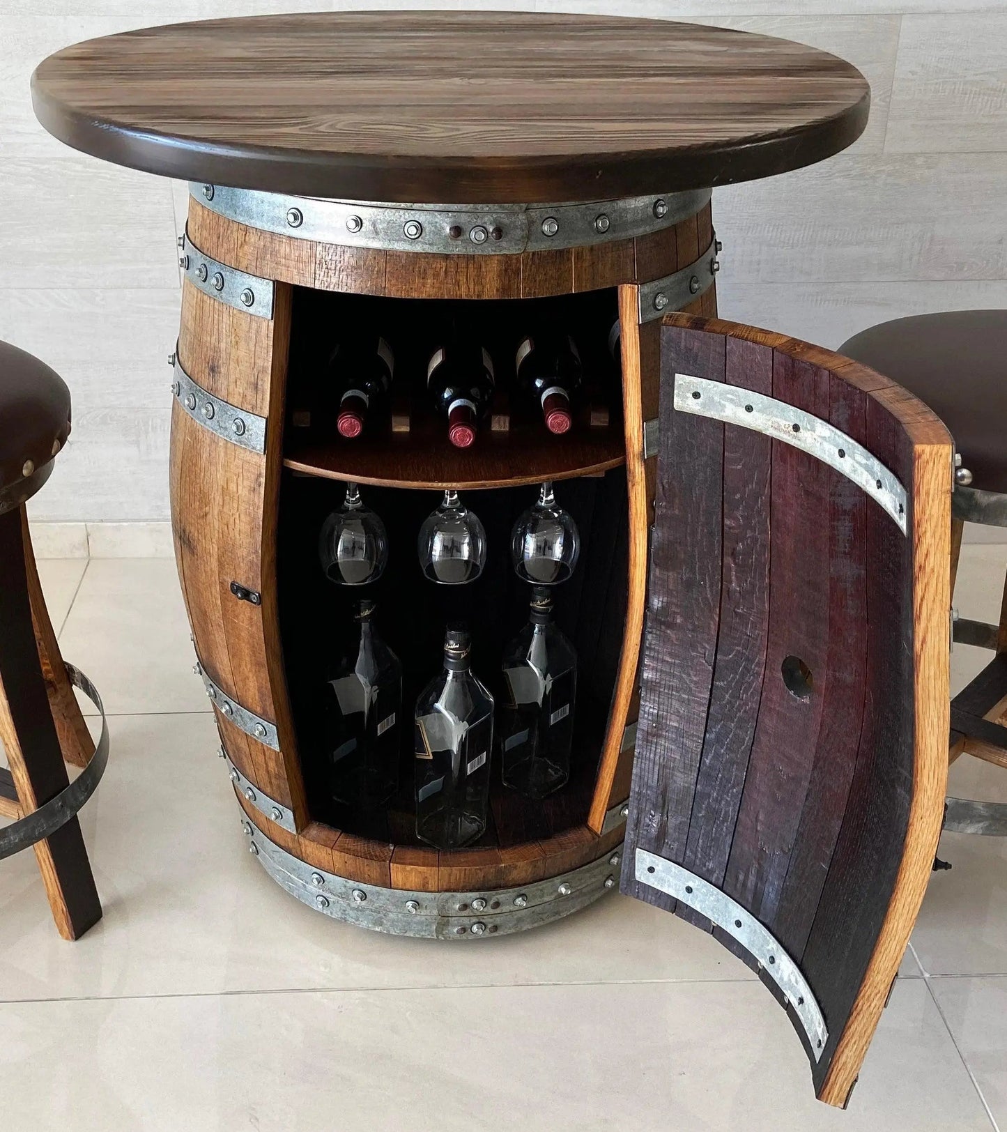 Multi-Use Whiskey & Wine Barrel Bar Set — Glass Top, Cabinet Storage Pub Set