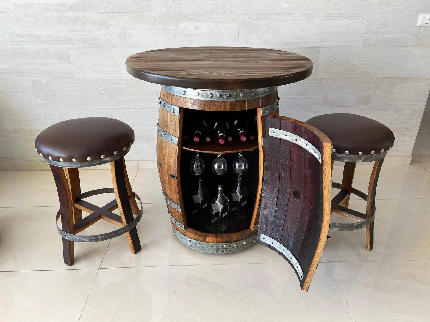 Multi-Use Whiskey & Wine Barrel Bar Set — Glass Top, Cabinet Storage Pub Set