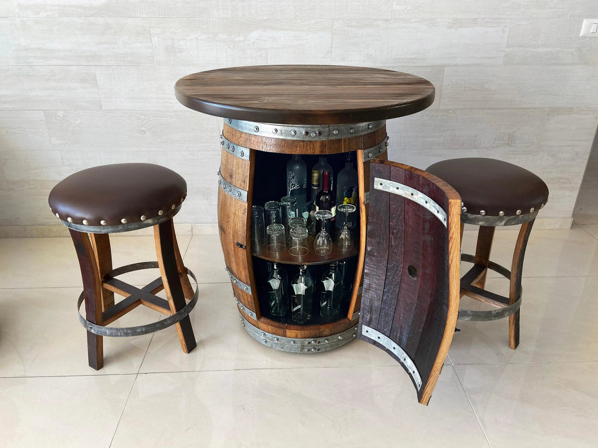 Multi-Use Whiskey & Wine Barrel Bar Set — Glass Top, Cabinet Storage Pub Set