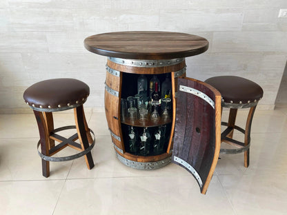 Multi-Use Whiskey & Wine Barrel Bar Set — Glass Top, Cabinet Storage Pub Set