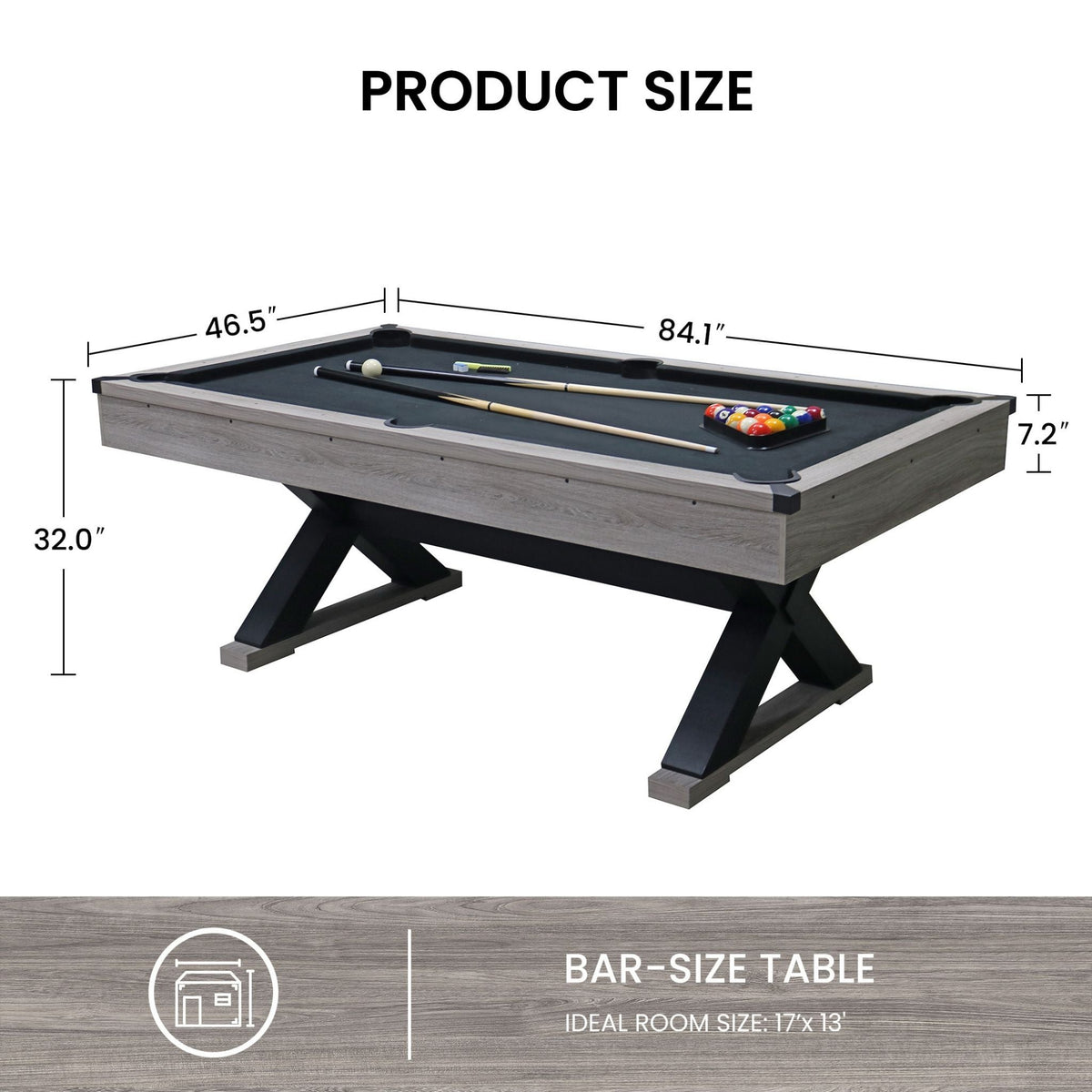 Large 84-Inch Rustic Gray Pool Table With Cues, Balls And X-Legs