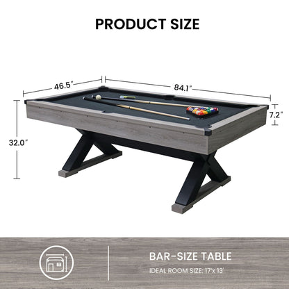 Large 84-Inch Rustic Gray Pool Table With Cues, Balls And X-Legs
