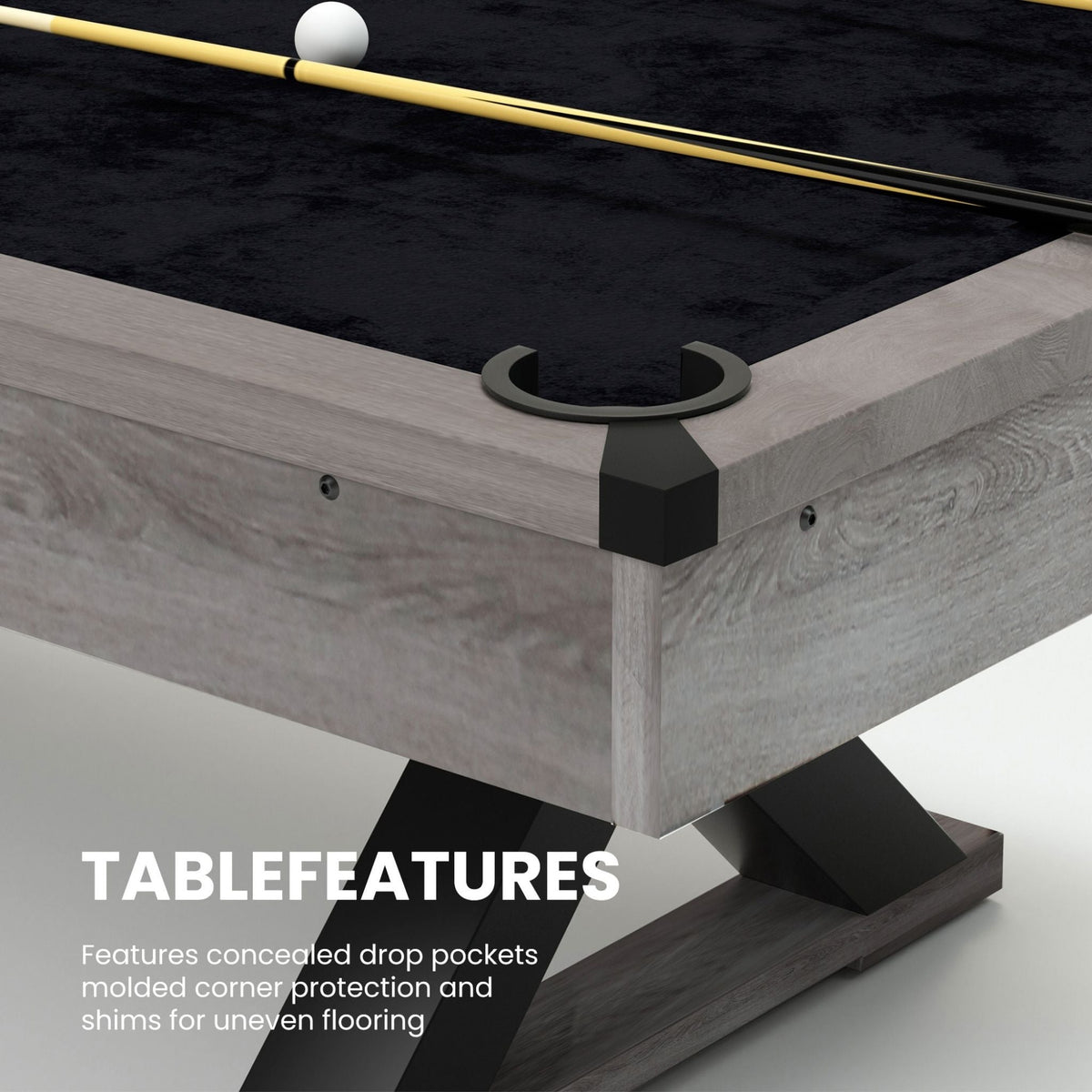 Large 84-Inch Rustic Gray Pool Table With Cues, Balls And X-Legs