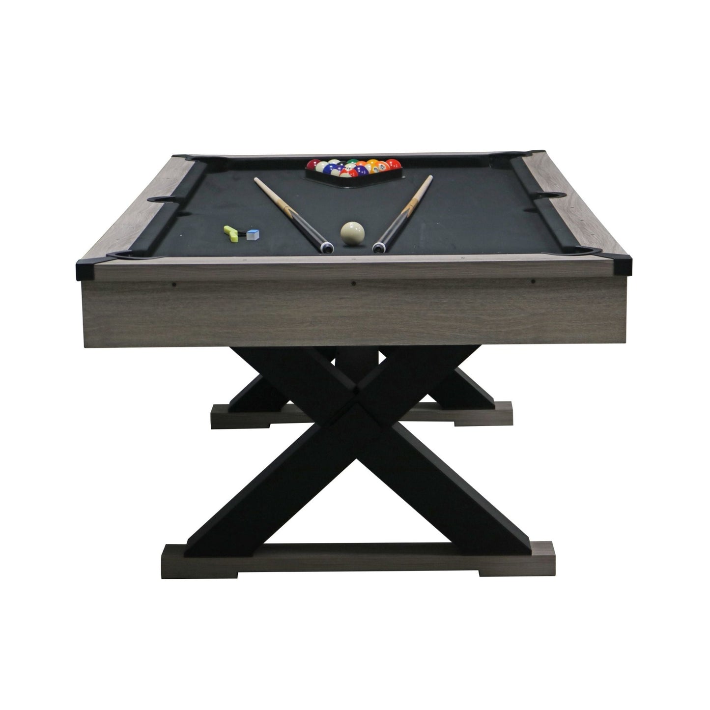 Large 84-Inch Rustic Gray Pool Table With Cues, Balls And X-Legs