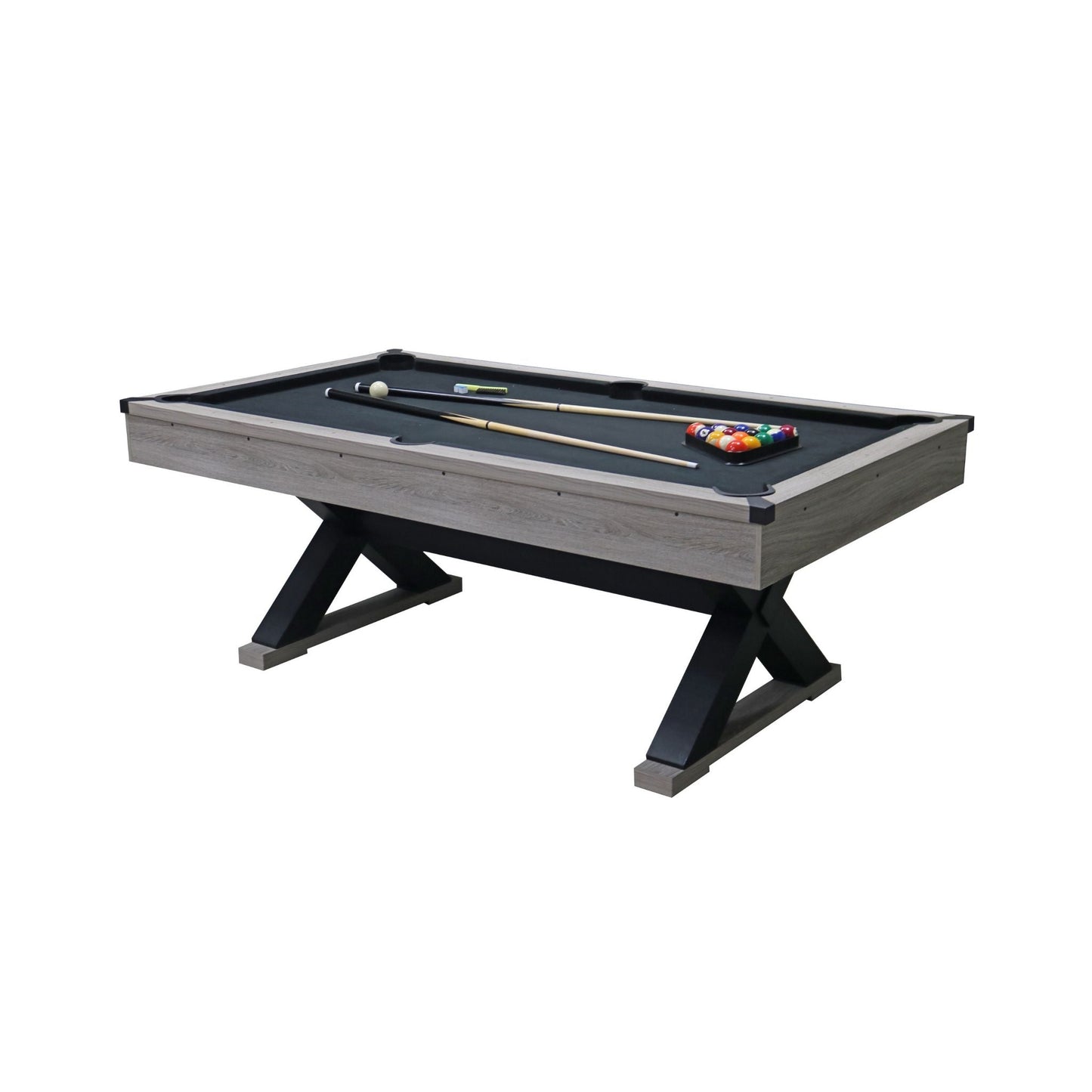 Large 84-Inch Rustic Gray Pool Table With Cues, Balls And X-Legs