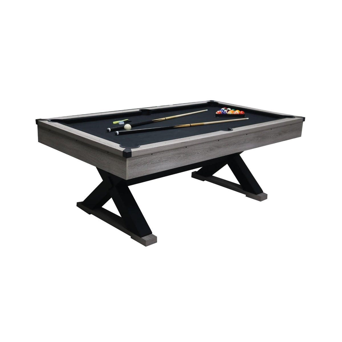 Large 84-Inch Rustic Gray Pool Table With Cues, Balls And X-Legs