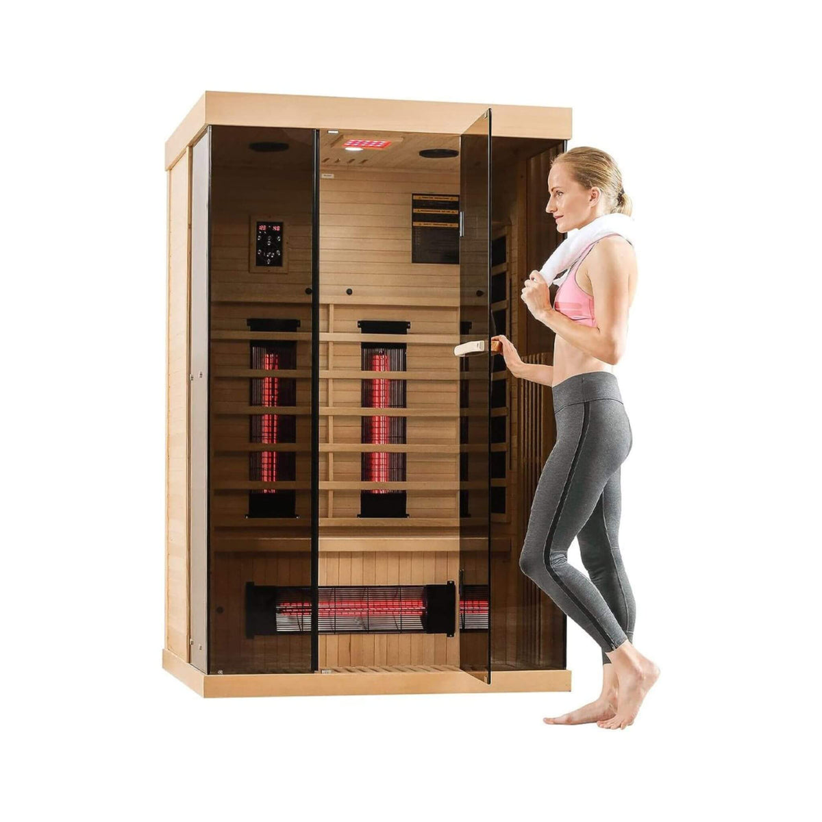 Thermora Valen Luxury 2000W 2-Person Low EMF FAR Infrared Heat Wood Home Personal Spa Sauna W/ Panoramic Tempered Glass