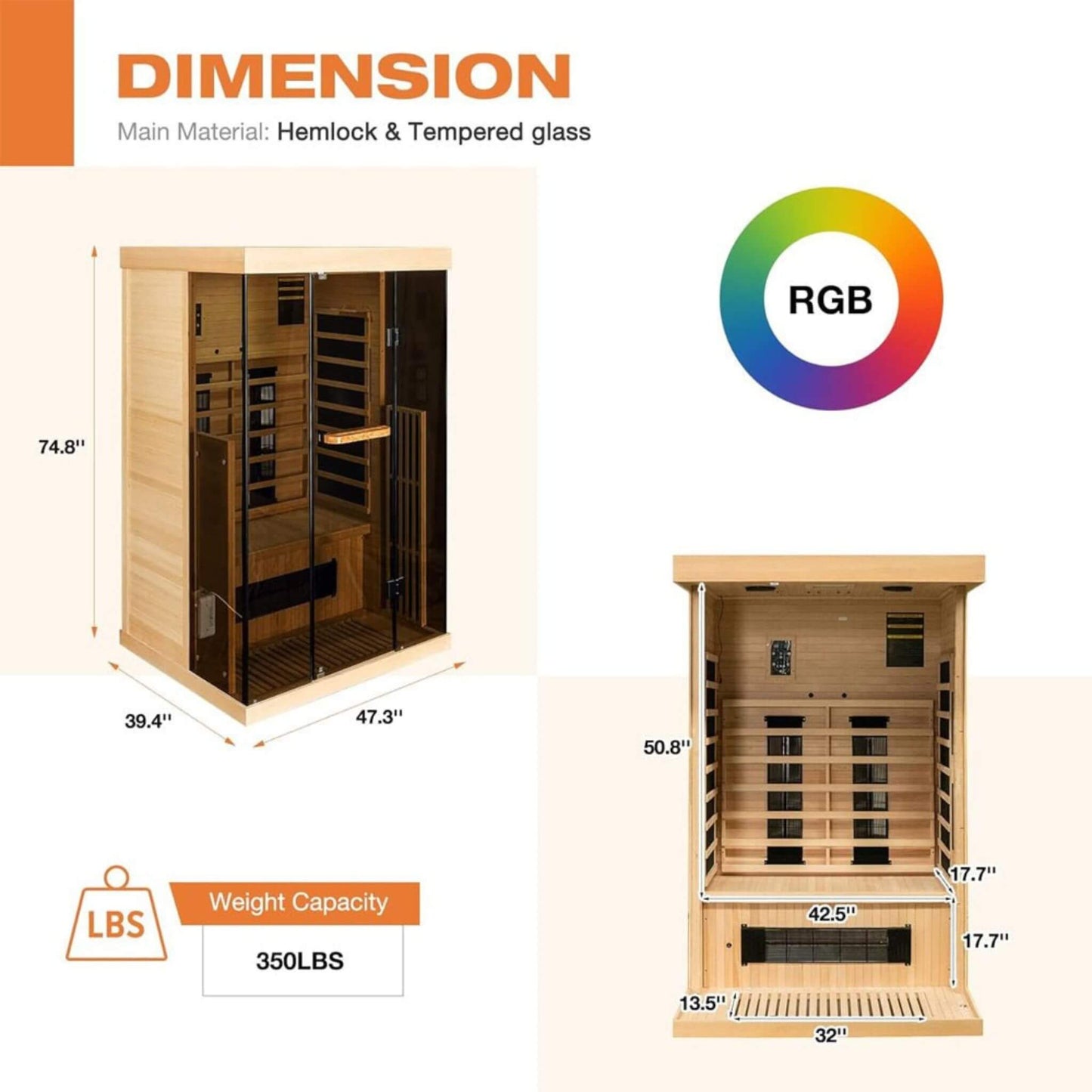 Thermora Valen Luxury 2000W 2-Person Low EMF FAR Infrared Heat Wood Home Personal Spa Sauna W/ Panoramic Tempered Glass