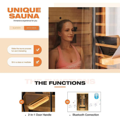 Thermora Valen Luxury 2000W 2-Person Low EMF FAR Infrared Heat Wood Home Personal Spa Sauna W/ Panoramic Tempered Glass