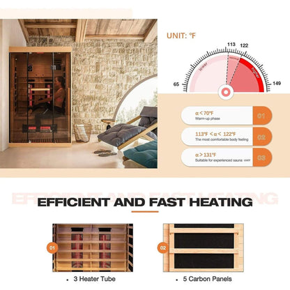 Thermora Valen Luxury 2000W 2-Person Low EMF FAR Infrared Heat Wood Home Personal Spa Sauna W/ Panoramic Tempered Glass