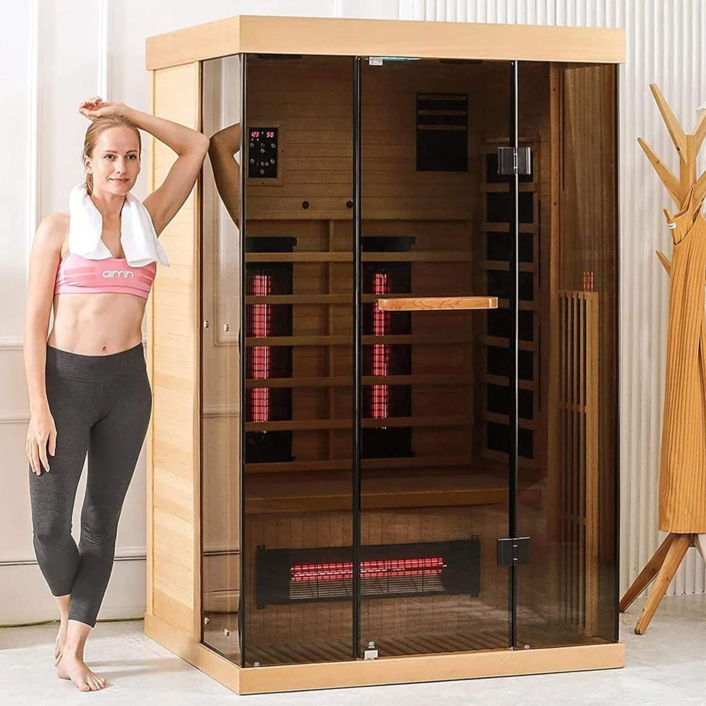 Thermora Valen Luxury 2000W 2-Person Low EMF FAR Infrared Heat Wood Home Personal Spa Sauna W/ Panoramic Tempered Glass