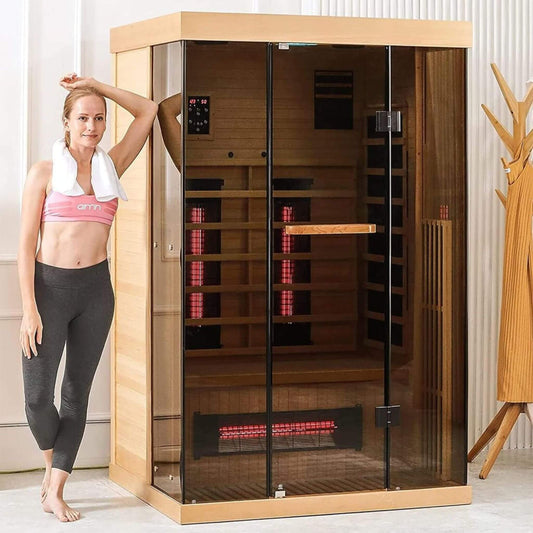 Thermora Valen Luxury 2000W 2-Person Low EMF FAR Infrared Heat Wood Home Personal Spa Sauna W/ Panoramic Tempered Glass