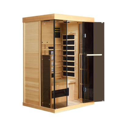 Thermora Valen Luxury 2000W 2-Person Low EMF FAR Infrared Heat Wood Home Personal Spa Sauna W/ Panoramic Tempered Glass