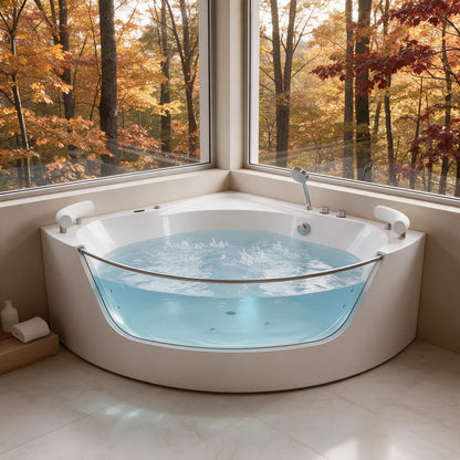 corner whirlpool tub set in a wellness room looking out at a secluded fall scene