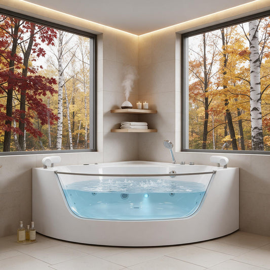 Nuvia Serenity 59-Inch 2-Person Acrylic Corner Whirlpool 16-Jet Hydromassage Bathtub With Heater Rainbow Light