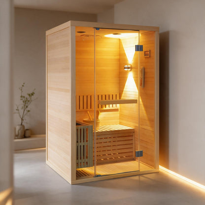 Thermora Alpine Premium 2-Person 3KW Hemlock Wood Sauna With LED Wall Light